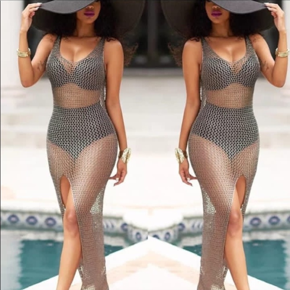 summer beach dress women mesh crochet sleeveless bikini cover up transparent